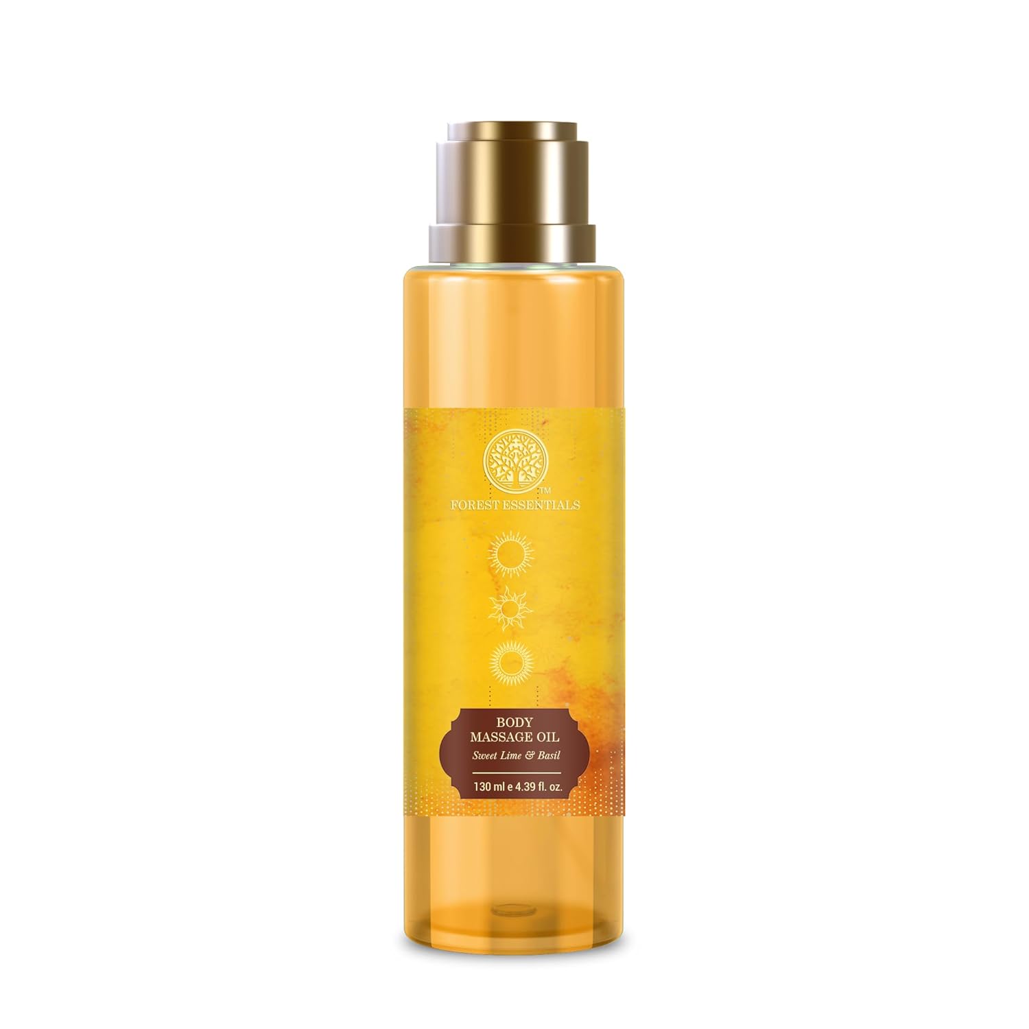 Body massage oil bottle with gold pump; amber liquid, 130 ml