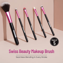 Set of 5 makeup brushes with pink ferrules and black handles
