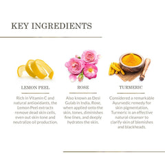 Key ingredients for Facial Ubtan: lemon peel, rose, and turmeric