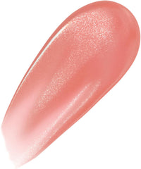Pink rose lip glaze swatch with glossy shimmer finish