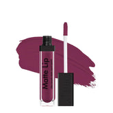 Matte lip liquid lipstick bottle with wand applicator and big berry color swatch