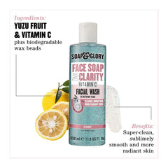 Turquoise facial wash bottle with white cap and label, shown with yuzu fruit