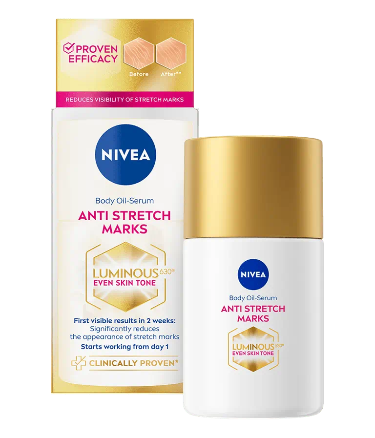 Anti-stretch marks body oil-serum set: bottle with gold cap and product carton