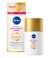 Anti-stretch marks body oil-serum set: bottle with gold cap and product carton