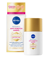 Anti-stretch marks body oil-serum set: bottle with gold cap and product carton