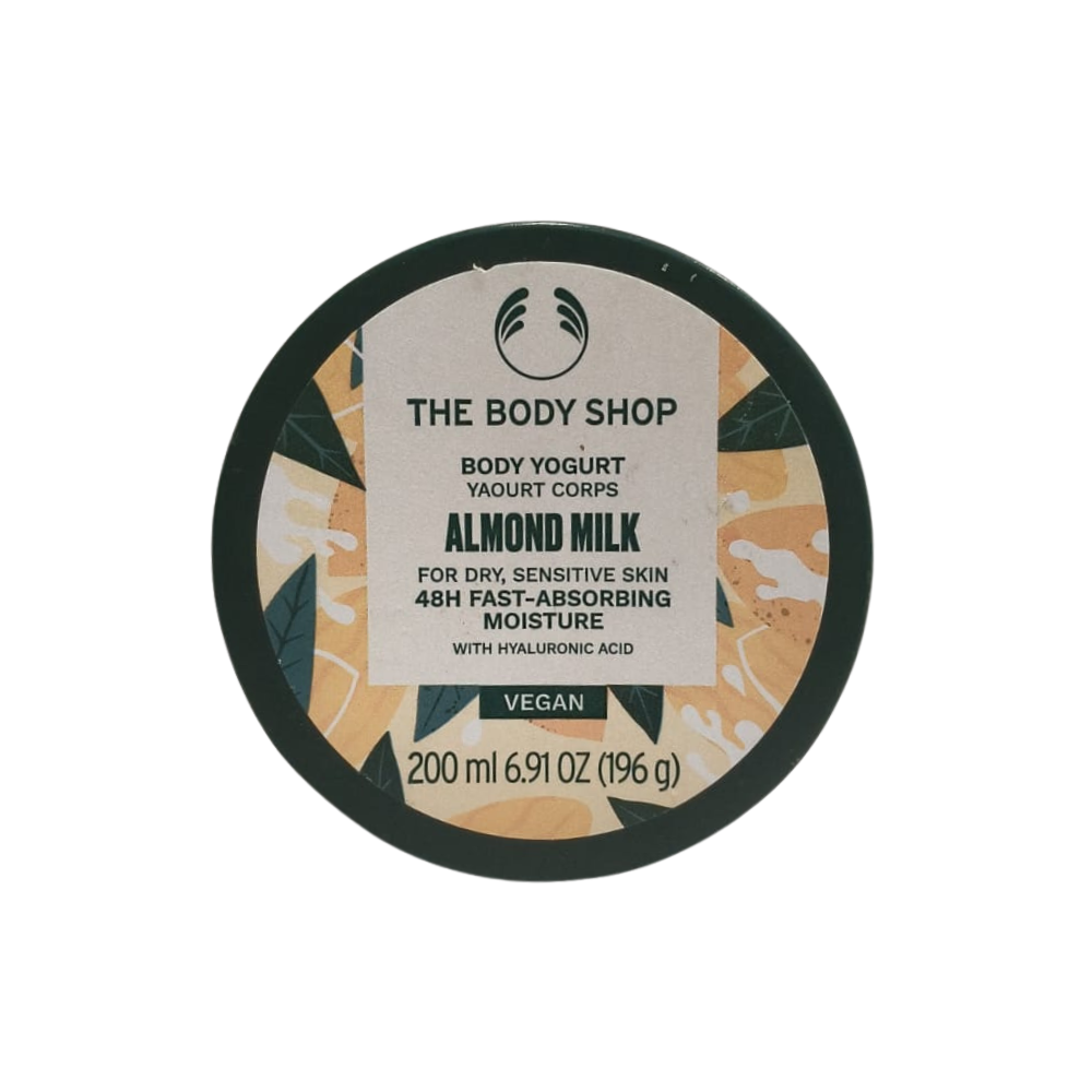 Almond milk body yogurt tub, 200 ml, circular dark-lidded container