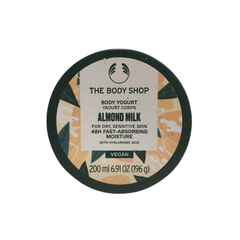 Almond milk body yogurt tub, 200 ml, circular dark-lidded container
