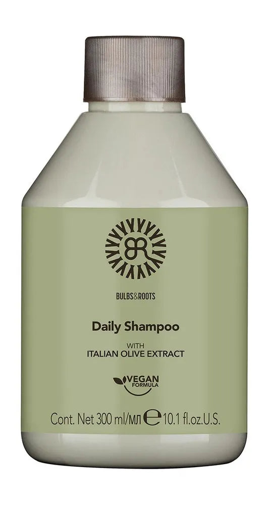 Bulbs & Roots daily shampoo bottle, green label, silver cap, 300 ml