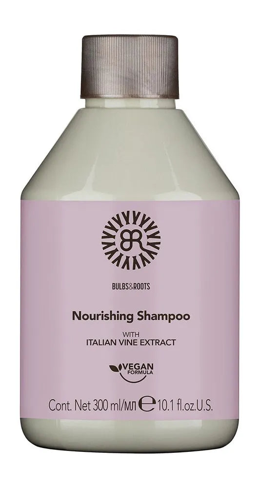 Nourishing shampoo bottle with purple label, 300 ml
