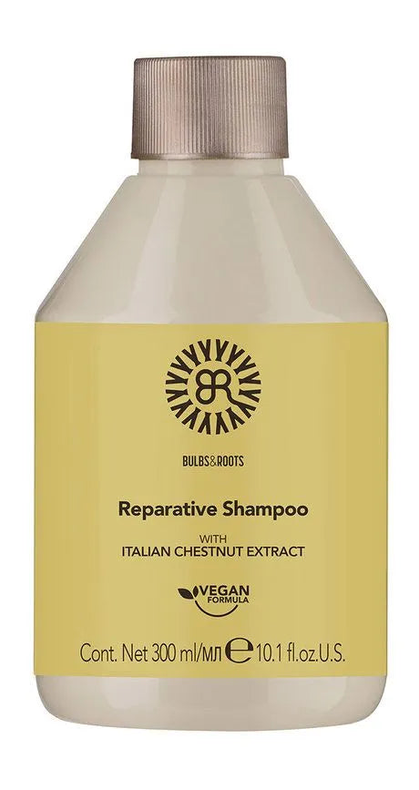Reparative shampoo bottle with beige cap and pale yellow label, 300 ml