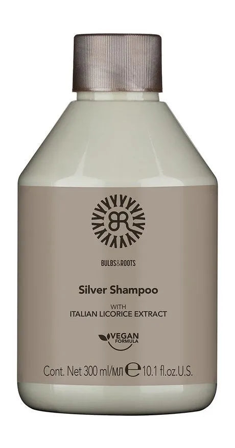 Silver shampoo bottle with silver cap, 300 ml; contains Italian licorice extract