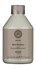 Silver shampoo bottle with silver cap, 300 ml; contains Italian licorice extract
