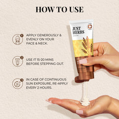 Sunscreen gel how-to graphic with tube and steps for face, neck, and reapply