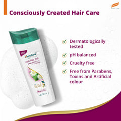 Anti-hair fall shampoo bottle with green cap and care certification checkmarks