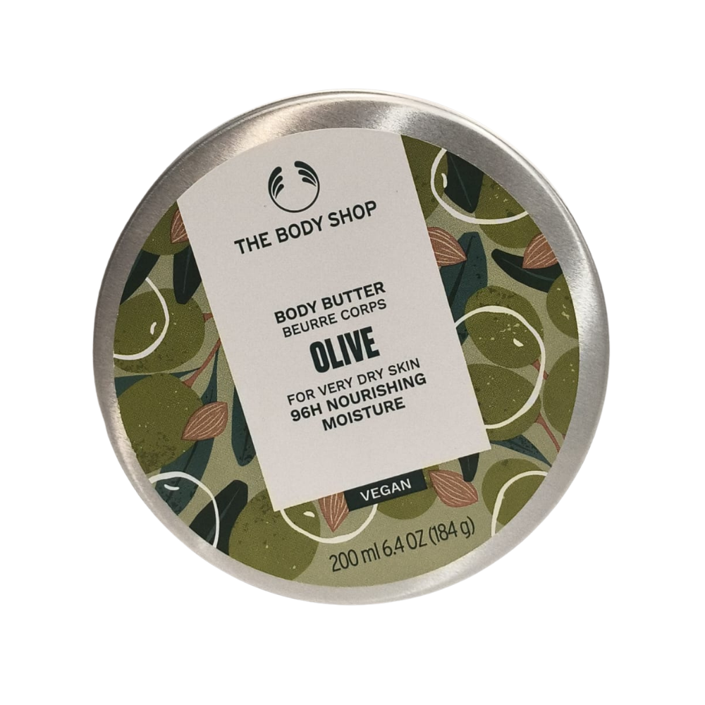 The Body Shop olive body butter tin, round metal container with green label