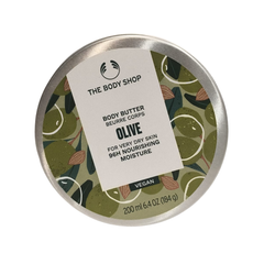 The Body Shop olive body butter tin, round metal container with green label
