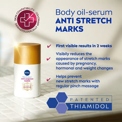Anti-stretch marks body oil-serum bottle with blue label text and result checkmarks