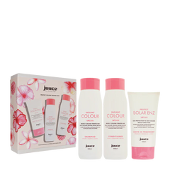 JUUCE Radiant Colour solar enzymes trio pack, with boxed set and three pink-capped bottles