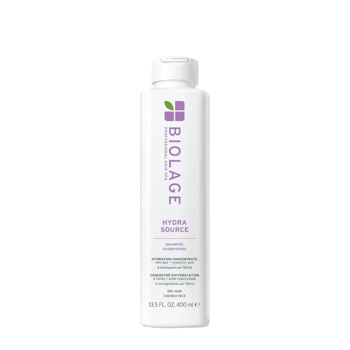 Biolage HydraSource shampoo bottle, white bottle with purple Hydra Source label