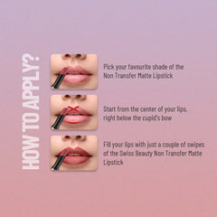Non-transfer matte lipstick application with red lip swatches and bullet