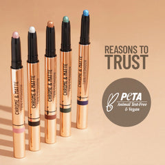 Twin eyeshadow sticks with chrome and matte tips, including teal accent shade