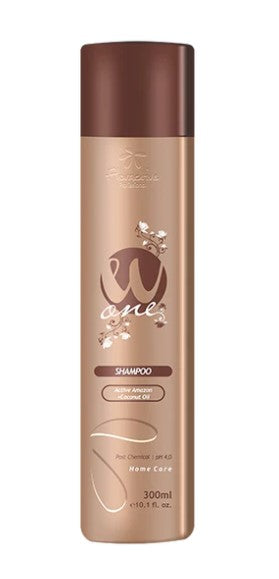 Shampoo bottle, dark brown with beige label and 300 ml text