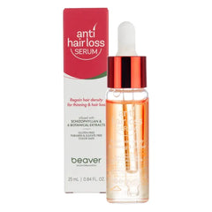 Anti hair loss serum bottle with red cap and matching box, 25 ml.