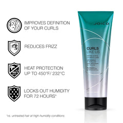 Curl defining gel tube with feature icons for definition, frizz control, and heat protection