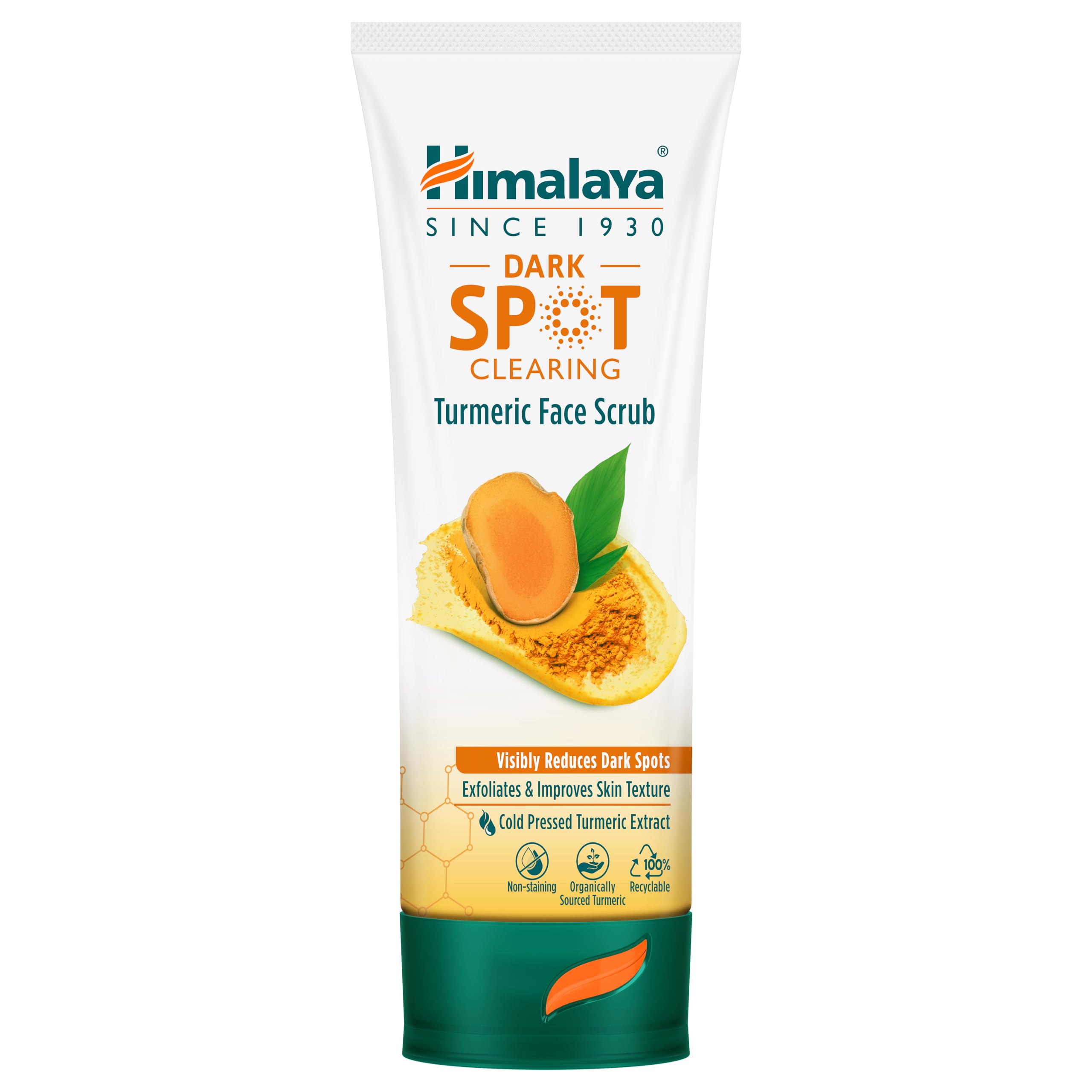 Himalaya turmeric face scrub tube, white and green with SPOT Clearing label
