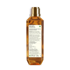 Dasapushpadi baby body massage oil bottle back label, amber with gold cap