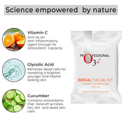 White O3+ Bridal Facial Kit pouch with red O3+ logo and ingredient icons