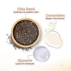 Chia seed and ceramides ingredient callout with glycerin droplet illustrations