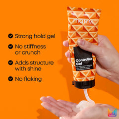 Hair gel tube with hands dispensing gel from black nozzle