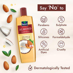 Parachute almond coconut hair oil bottle with ingredient icons and “Say No to” panel