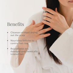 Hair cleanser benefits text with person holding hair, cleansing and nourishment points