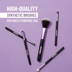 Set of 5 synthetic makeup brushes with purple handles and black grip handles