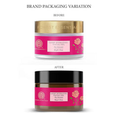 Light hydrating facial gel jars showing before and after packaging, pink rosewater labels, black caps