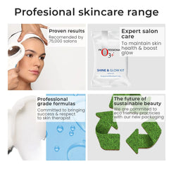 O3+ Shine & Glow kit graphic panel with text boxes and product pouch