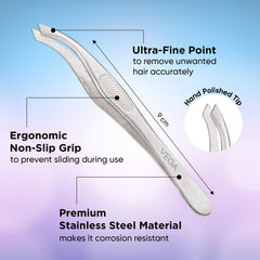 Slant-tip tweezer with textured non-slip grip handle, angled stainless steel tips