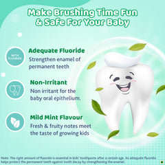 Kids toothpaste tube with mild mint flavor shown beside a smiling tooth graphic on pack.