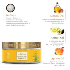 Body polisher jar with gold lid on infographic showing sea salts, almond oil, apricot oil