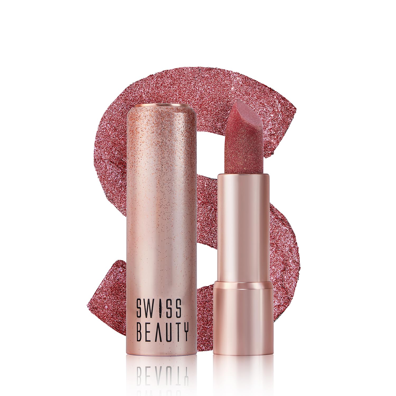 Pink glitter lipstick with rose-gold tube and open bullet, beside glitter swatch
