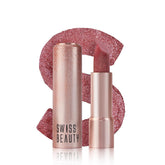 Pink glitter lipstick with rose-gold tube and open bullet, beside glitter swatch