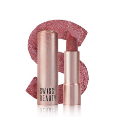Pink glitter lipstick with rose-gold tube and open bullet, beside glitter swatch