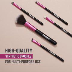 Set of 5 makeup brushes with pink ferrules and black handles