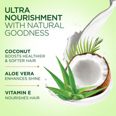 Hair cream label panel with coconut half and aloe vera leaves