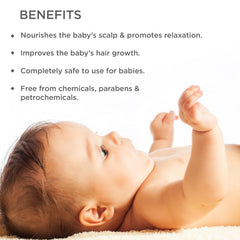 Baby head massage oil benefits list with a baby lying on back