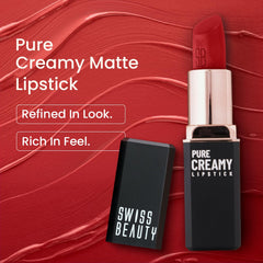 Swiss Beauty Pure Creamy Lipstick in deep red, open cap with lipstick bullet