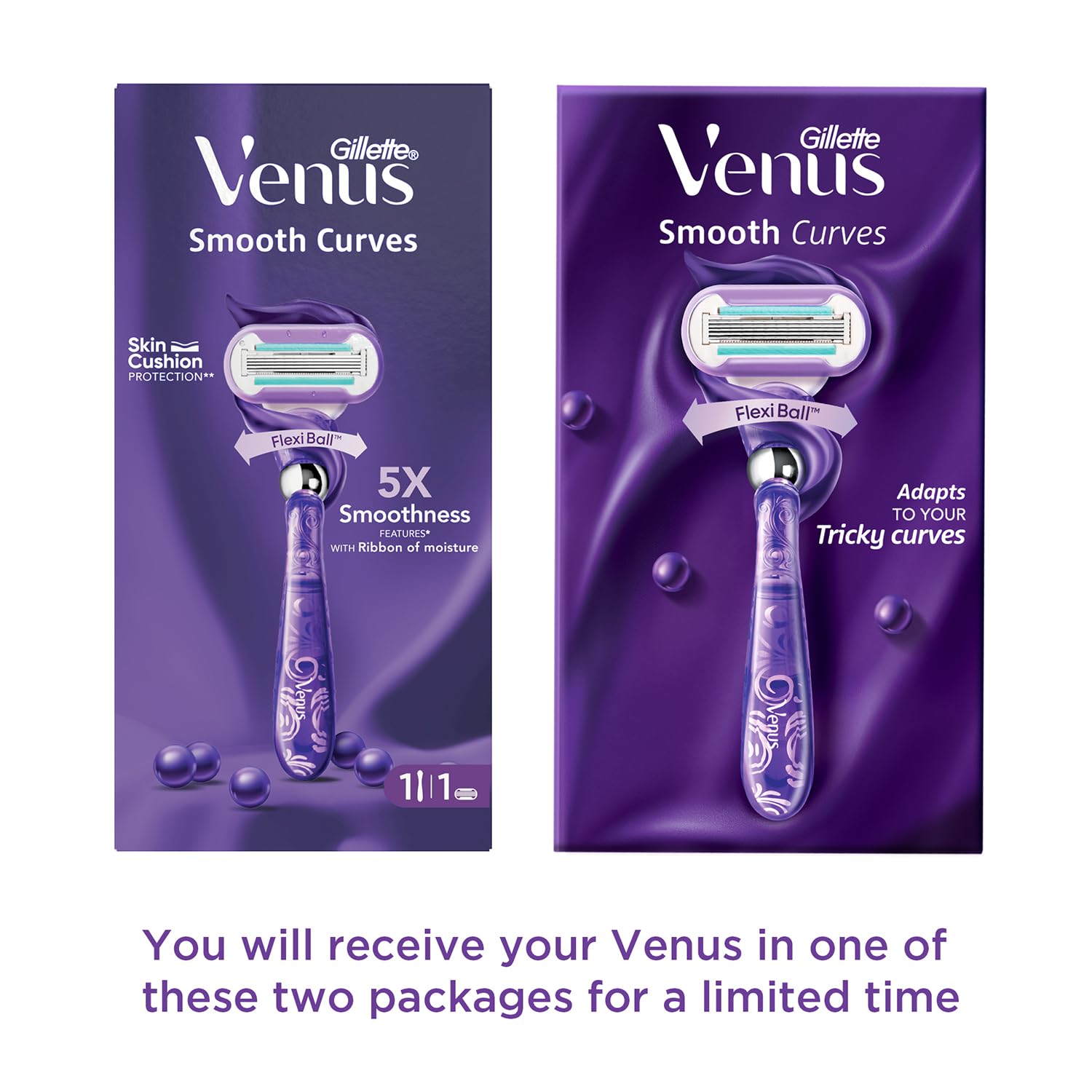 Gillette Venus Smooth Curves razor cartridge with 5-blade packaging, purple box set