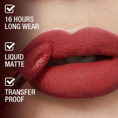 Matte liquid lipstick on lips, dark red-brown tone, transfer-proof look
